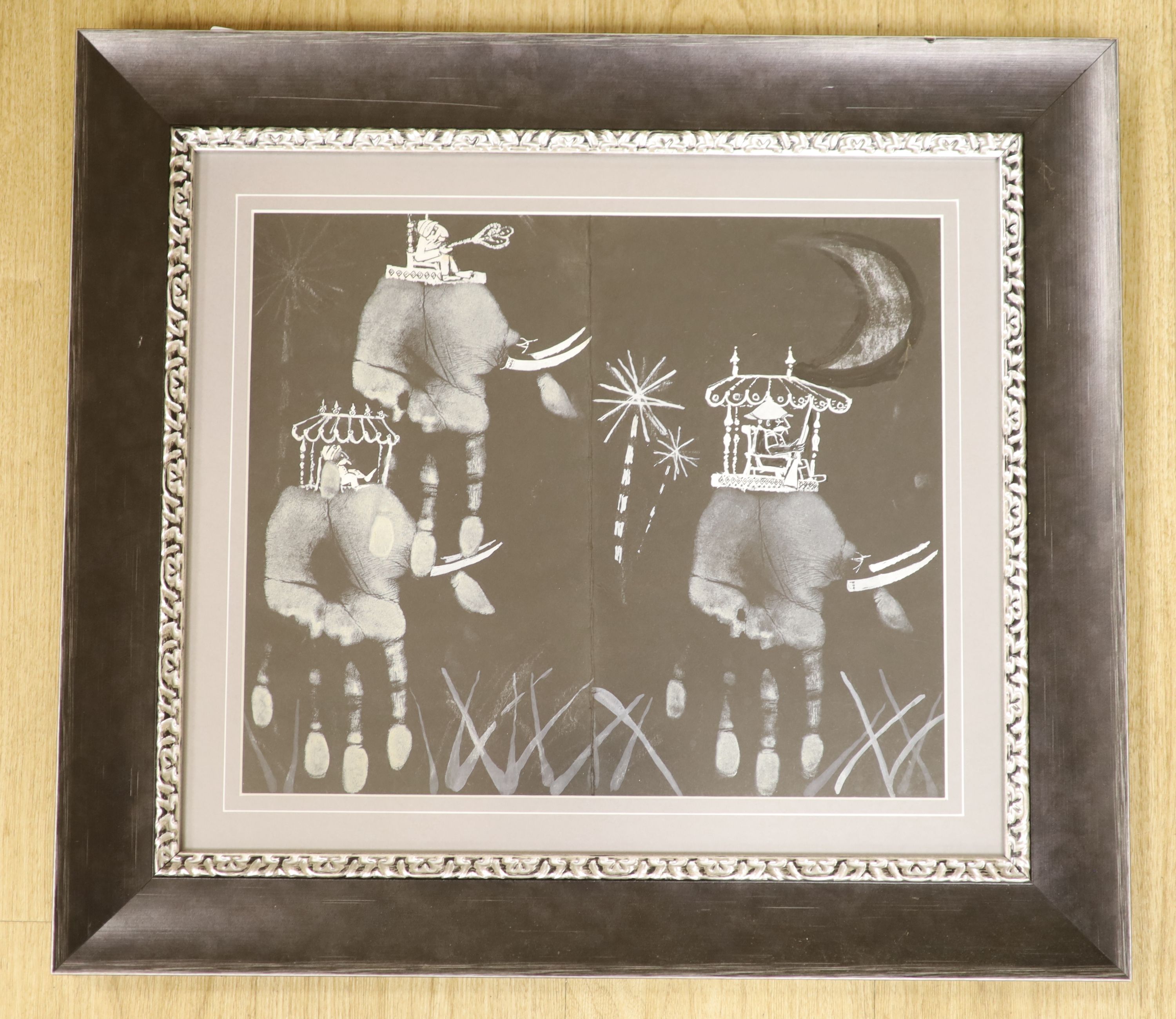 Modern British, mixed media, Tiger hunt handprints, probably produced for Jonathan Cape, 34 x 41cm